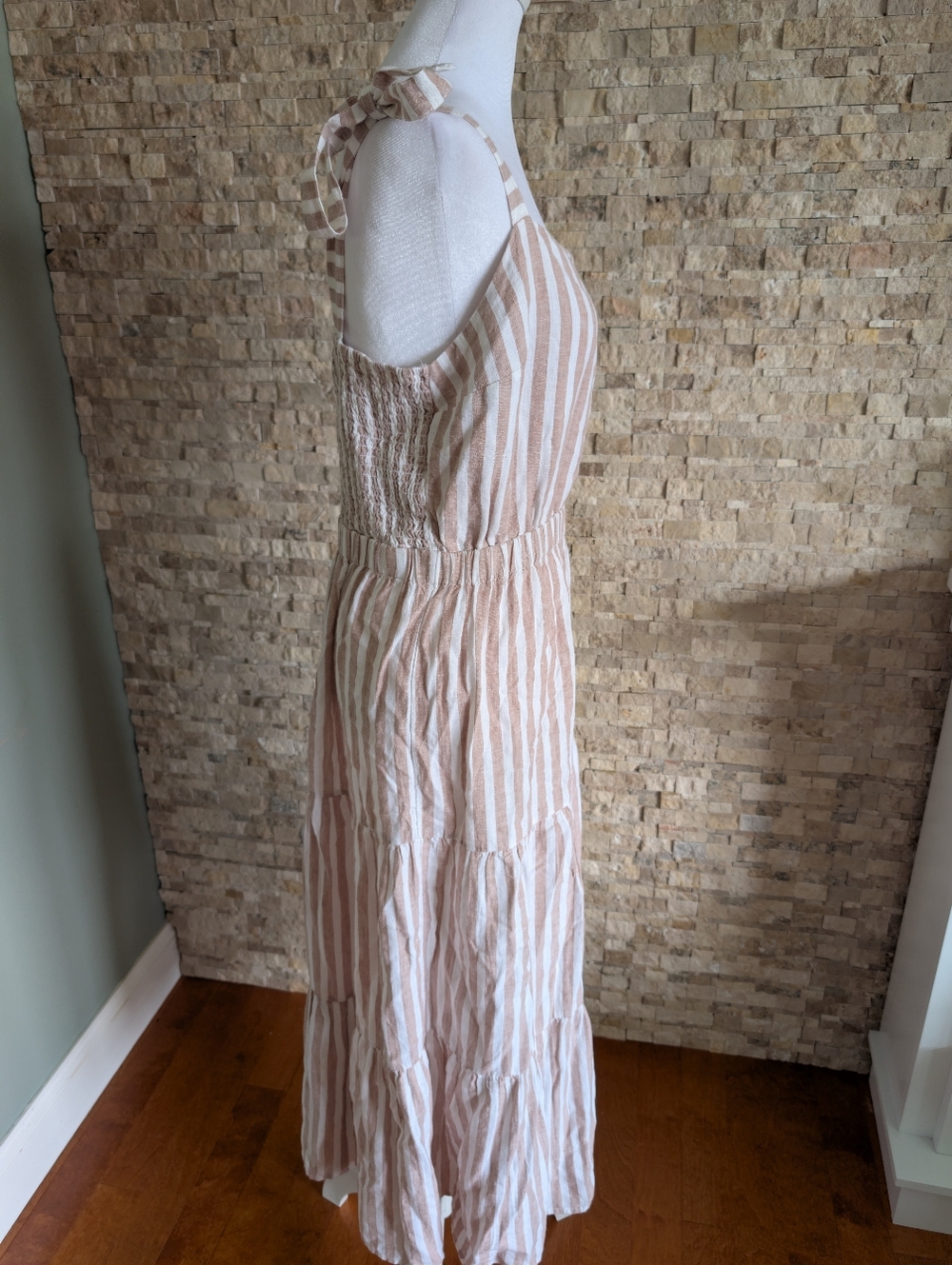 Linen Blend Tie Strap Ruffle Tier Coastal Neutral Striped Midi Dress Sz L Beach image 2